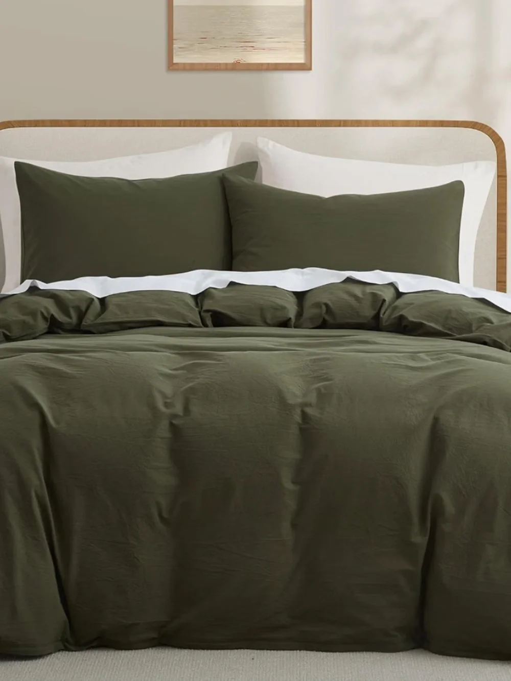 Olive Green Washed Cotton Duvet Cover Set - Queen